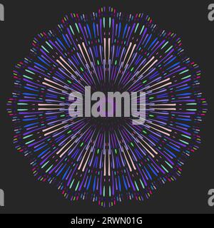 Round mandala made of lines different color, size and shape diverging from the center. Vector illustration on dark background Stock Vector