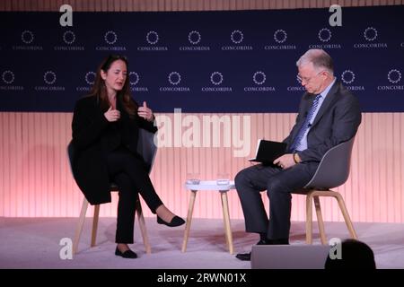 Concordia Summit, Sheraton Times Square, 811 7th Ave, W 53rd St, New York, NY 10019 USA. Sept 19, 2023. US Director of National Intelligence Avril Haines in conversation at the 2023 Concordia Summit in New York. Credit: ©Julia Mineeva/EGBN TV News/Alamy Live News Stock Photo