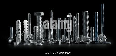 screws, bolts and fasteners isolated on black background. banner Stock Photo