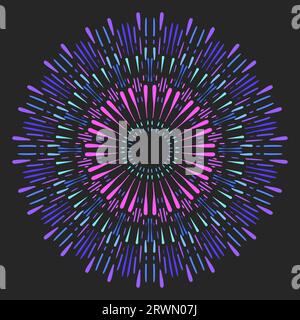 Round mandala made of lines different color, size and shape diverging from the center. Vector illustration on dark background Stock Vector