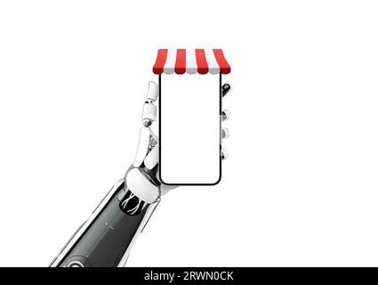 Phone with shop awning in robot hand. Concept of using artificial intelligence in online shopping, optimizing prices and product offer Stock Photo