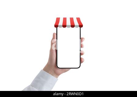 Phone in woman hand with red white shop awning on phone display concept. Isolated screen and background. Phone in front position Stock Photo