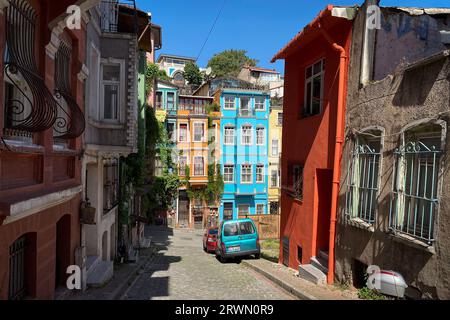 Istanbul, Turkey. 25th May, 2021. Famous colored houses on Kiremit Cadesi in Balat district - traditional Jewish quarter in Fatih district of Istanbul. (Credit Image: © Oleksii Chumachenko/SOPA Images via ZUMA Press Wire) EDITORIAL USAGE ONLY! Not for Commercial USAGE! Stock Photo