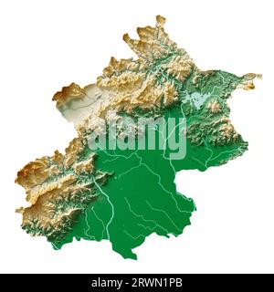 Beijing. A municipality (province) of China. A 3D rendering of a shaded relief map with rivers and lakes. Colored by elevation. Pure white background. Stock Photo