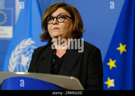 Brussels, Belgium. 20th Sep, 2023. EU Commissioner Adina VALEAN during a press conference on road safety at EU headquarters in Brussels, Belgium on Sep. 20, 2023 Credit: ALEXANDROS MICHAILIDIS/Alamy Live News Stock Photo