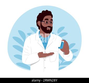 World Asthma Day. A young smiling black doctor holds an inhaler in his hands for inhalation Stock Vector