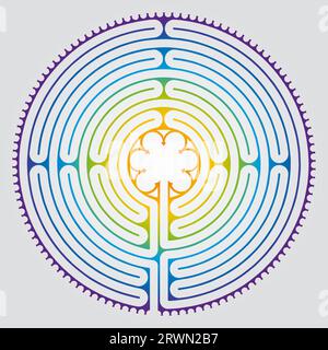 Labyrinth Cathedral of Chartres Illustration Vector - Symbolism Meditation History - Floral Motif - Sacred Geometry Rainbow Colors Stock Vector