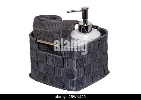 Bottle of shower gel and wicker basket with shells on sink in bathroom  Stock Photo - Alamy