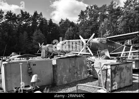 Old planes in the aviation museum. Black and white image. Stock Photo