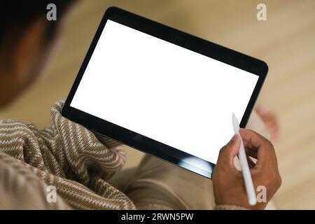 Close-up image a worker man using his digital tablet. Stock Photo