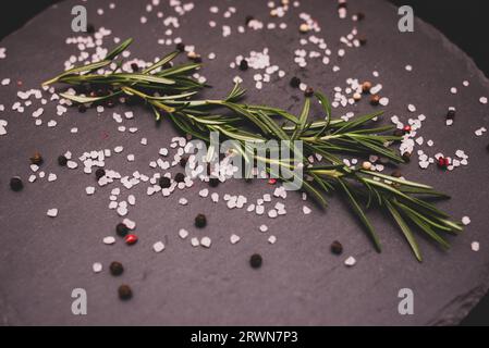 close-up bouquet of rosemary green plants on the table on a black granite plate, scattered Himalayan pink salt and black peppercorns Stock Photo