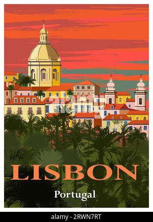 View of Lisbon - vector illustration (ideal for print, poster; wallpaper, home decor) Stock Vector