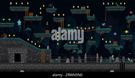 Arcade Halloween cemetery game level map interface. Platform and ghosts, zombie and coins, tomb stones and graves. Cartoon vector ui parallax background with night graveyard, monsters and assets Stock Vector
