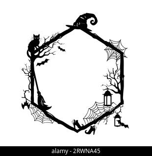 Halloween hexagonal frame border with spider net and halloween tree ...