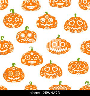 Halloween party mexican pumpkin spooky characters seamless pattern. Vector tile background. Dia de muertos holiday calaca gourd faces with ornament, eyes and toothy smiles, decorated jack-o-lanterns Stock Vector
