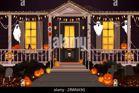 Halloween door and porch. Vector cottage front yard with festive decorations. Jack lantern pumpkins, spooky ghosts, grave stones and skeleton hands. Broom, garlands, cobwebs and witch hat on terrace Stock Vector