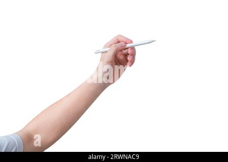 Hand holding white stylus pen isolated on white background. Stock Photo