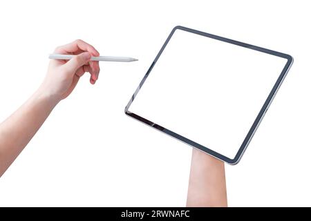 Hand holding tablet with blank screen and using stylus pen isolated on white background. Stock Photo