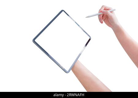 Hand holding tablet with blank screen and using stylus pen isolated on white background. Stock Photo