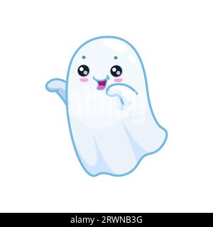 Halloween kawaii cute ghost character with mischievous face and raised arms playfully saying boo, while trying to frighten. Cartoon vector charming, spooky and adorable spirit flying at holiday night Stock Vector