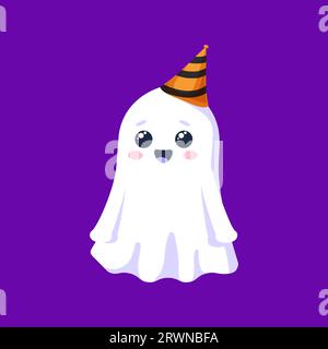Halloween kawaii ghost character wearing striped festive hat. Isolated cartoon cute vector phantom, smiling spook adding a delightful touch of whimsy and spookiness to the holiday seasonal festivities Stock Vector