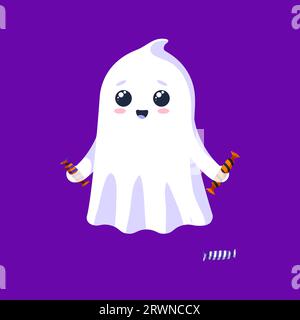 Cartoon Halloween kawaii ghost character holding candies. Isolated vector baby spook personage with a friendly smile, ready to share dessert treats and spread sweetness at trick or treat party Stock Vector