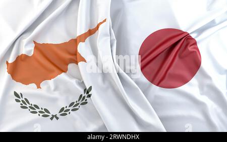 Ruffled Flags of Cyprus and Japan. 3D Rendering Stock Photo