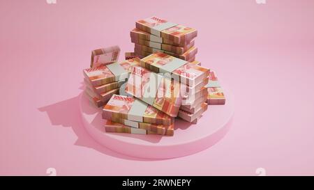 Stacks of 100000 Indonesian rupiah notes on top of pedestal. money on pink background. 3d rendering of bundles of cash Stock Photo