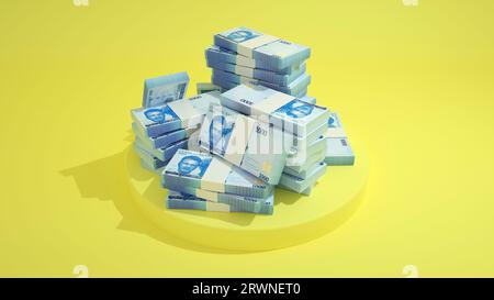 Stacks of 1000 Nigerian naira notes on top of pedestal. money on yellow background. 3d rendering of bundles of cash Stock Photo