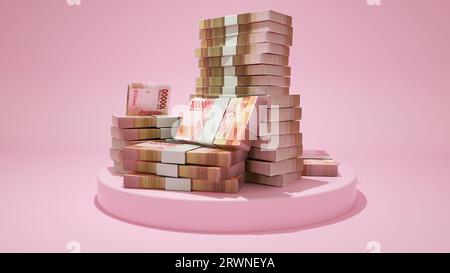 Stacks of 100000 Indonesian rupiah notes on top of pedestal. money on pink background. 3d rendering of bundles of cash Stock Photo