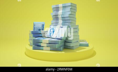 Stacks of 1000 Nigerian naira notes on top of pedestal. money on yellow background. 3d rendering of bundles of cash Stock Photo