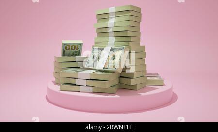 Stacks of 100 US dollar notes on top of pedestal. money on pink background. 3d rendering of bundles of cash Stock Photo