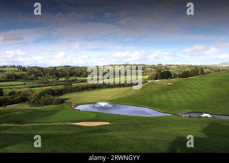 The 18th green of the Twenty Ten course, Celtic Manor Golf and Hotel Resort Complex near Newport town, Wales, UK Stock Photo