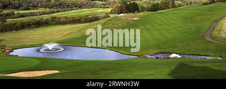 The 18th green of the Twenty Ten course, Celtic Manor Golf and Hotel Resort Complex near Newport town, Wales, UK Stock Photo