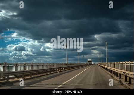 RUSE, ROMANIA - SEPTEMBER 10 2022: The Bridge of Friendship - Podul Prieteniei on the Danube river  Stock Photo