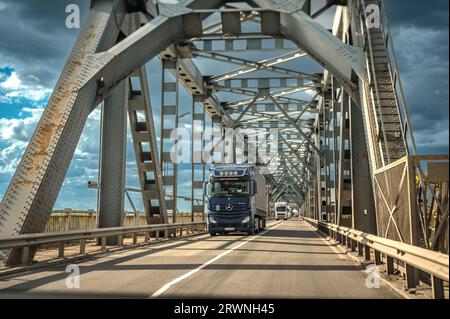 RUSE, ROMANIA - SEPTEMBER 10 2022: The Bridge of Friendship - Podul Prieteniei on the Danube river  Stock Photo