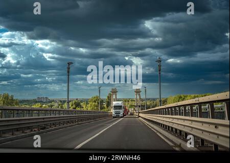 RUSE, ROMANIA - SEPTEMBER 10 2022: The Bridge of Friendship - Podul Prieteniei on the Danube river  Stock Photo