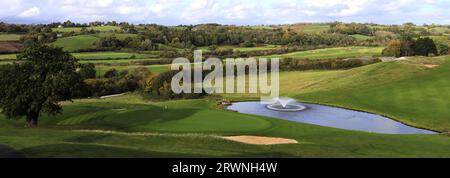 The 18th green of the Twenty Ten course, Celtic Manor Golf and Hotel Resort Complex near Newport town, Wales, UK Stock Photo