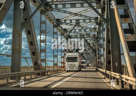 RUSE, ROMANIA - SEPTEMBER 10 2022: The Bridge of Friendship - Podul Prieteniei on the Danube river  Stock Photo