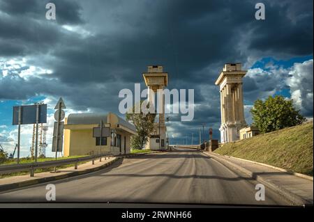 RUSE, ROMANIA - SEPTEMBER 10 2022: The Bridge of Friendship - Podul Prieteniei on the Danube river  Stock Photo