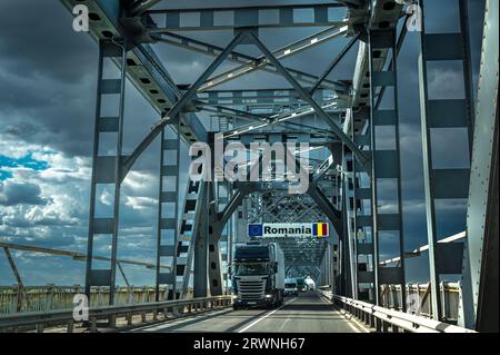 RUSE, ROMANIA - SEPTEMBER 10 2022: The Bridge of Friendship - Podul Prieteniei on the Danube river  Stock Photo