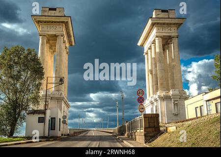 RUSE, ROMANIA - SEPTEMBER 10 2022: The Bridge of Friendship - Podul Prieteniei on the Danube river  Stock Photo