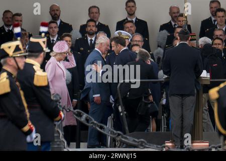 Paris, France, 20th September, 2023. King Macron welcoming Charles III, Queen Camilla at the ceremonial welcome at the Arc de Triomphe  - Jacques Julien/Alamy Live News Stock Photo
