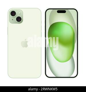 Apple iPhone 15 Plus Green. Mockup front screen phone and back side iphone. Editorial vector isolated on white background Stock Vector