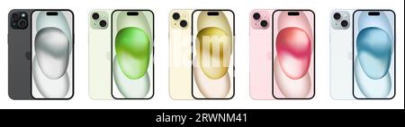 Ukraine, Vinnytsia - September 18, 2023: Collection of iPhone 15 Plus in Black, Green, Yellow, Pink, Blue colors. Editorial vector isolated on white b Stock Vector
