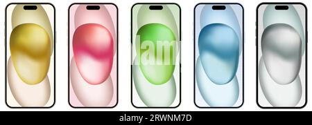 Set of iPhone 15 Plus in different colors. Front view screen. Editorial vector Stock Vector