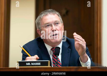 Washington, United States. 20th Sep, 2023. Rep. Thomas Massie, R-KY, speaks during a House Judiciary Committee hearing on the Department of Justice at the U.S. Capitol in Washington, DC on Wednesday, September 20, 2023. Photo by Bonnie Cash/UPI Credit: UPI/Alamy Live News Stock Photo