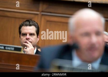 Washington, United States. 20th Sep, 2023. Rep. Matt Gaetz, R-FL, looks on during a House Judiciary Committee hearing on the Department of Justice at the U.S. Capitol in Washington, DC on Wednesday, September 20, 2023. Photo by Bonnie Cash/UPI Credit: UPI/Alamy Live News Stock Photo