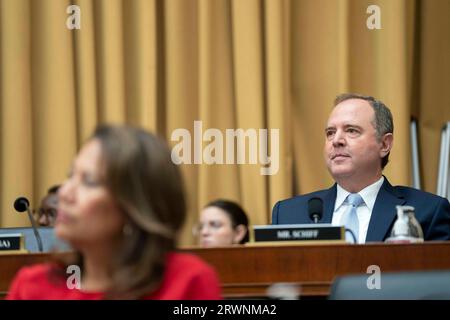 Washington, United States. 20th Sep, 2023. Rep. Adam Schiff, R-CA, looks on during a House Judiciary Committee hearing on the Department of Justice at the U.S. Capitol in Washington, DC on Wednesday, September 20, 2023. Photo by Bonnie Cash/UPI Credit: UPI/Alamy Live News Stock Photo