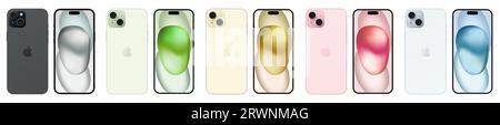 iPhone 15 Plus phone set in different colors. Front and back side. Editorial vector Stock Vector